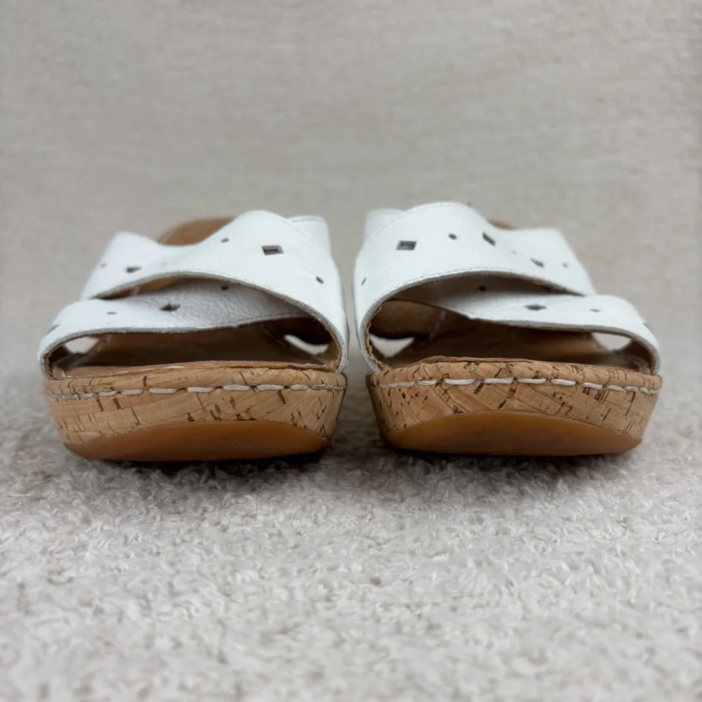 Born Sandals Womens 10 White Cork Canova Wedge Slip On‎ Peep Toe Leather Comfort